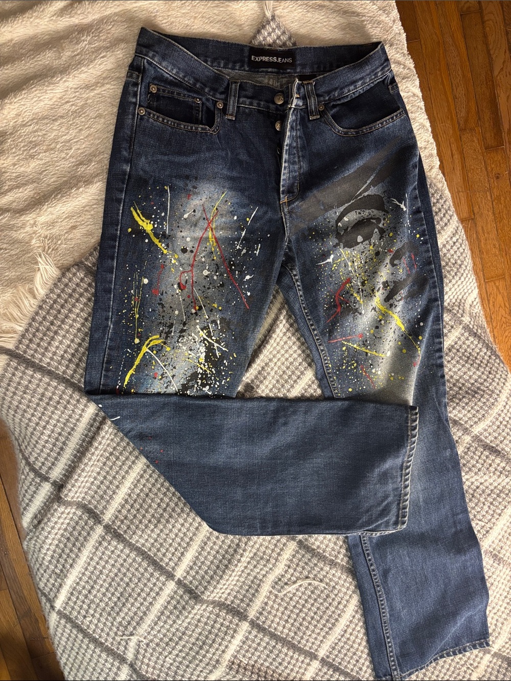 Express Dark Blue Jeans with Paint-Splash Accents